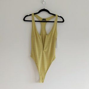 Urban Outfitters Out From Under Ribbed Racerback Plunge Bodysuit Yellow Medium